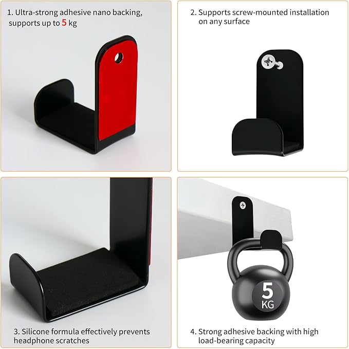 Wall Mount Headphone Stand, 1-Pack Adhesive & Screw Headphone Holder with Rubber Pad, Sticky Headset Hook Hanger for Gaming Desk or Wall, Universal Headset Organizer Accessory