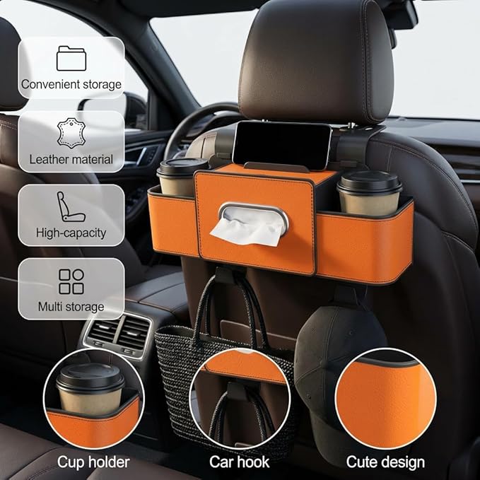 3-in-1 Backseat Car Organizer with Dual Cup Holders,Tissue Box & Phone Holder, 2026 Upgraded Car Seat Back Storage Box,Multifunctional Waterproof Storage for Daily Driving & Travel,White
