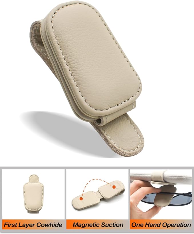 Sunglass Holder for Car, Magnetic Leather Eyeglass Hanger Sunglass Clip for Car Visor, Car Sunglass Holder Organizer Storage, Car Interior Accessories (1PCS, Beige)