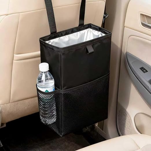Car Trash Can, 3.4 Gallons Leak-Proof Hanging Trash Bin with Hook and Loop Lid and Handle, Multipurpose Car Organizer with Storage Pockets for SUV, Truck, RV and Camping