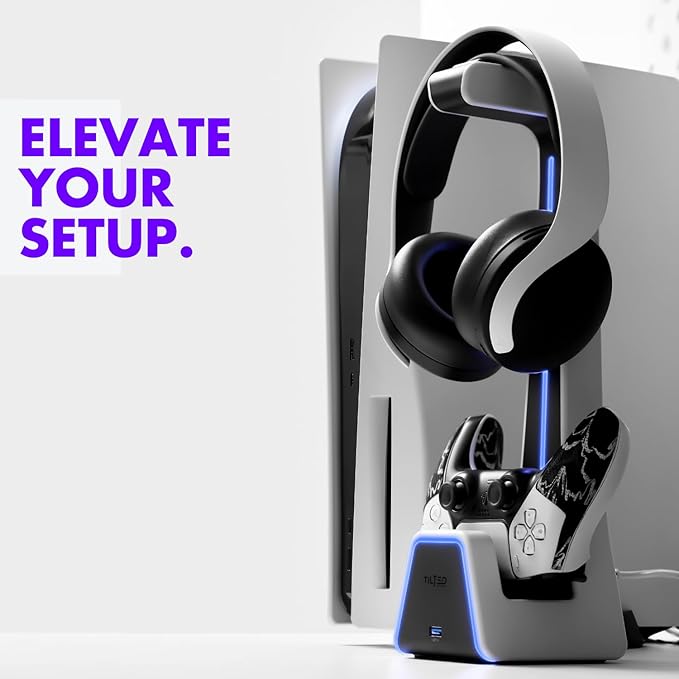 Tilted Nation Gaming Headset and Controller Stand | Premium PS5 Accessories (Clean Space with Charging Station) Headphone and Controller Holder for Desk, PlayStation 5, Xbox Game,