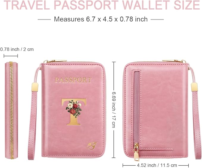 Passport Holder for Travel Personalized Passport Holder Initial Letter Rose Flower RFID Blocking Travel Wallets Credit Cards Holder for Women Men, Pink T