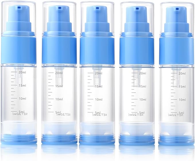 0.7oz/20ml Travel Airless Pump Bottles, 5 Pack Refillable Vacuum Cosmetic Containers with Clear Organizer Case & Labels, Small Lotion Dispenser Bottles for Skincare, Toiletries & Cosmetics