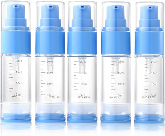 0.7oz/20ml Travel Airless Pump Bottles, 5 Pack Refillable Vacuum Cosmetic Containers with Clear Organizer Case & Labels, Small Lotion Dispenser Bottles for Skincare, Toiletries & Cosmetics