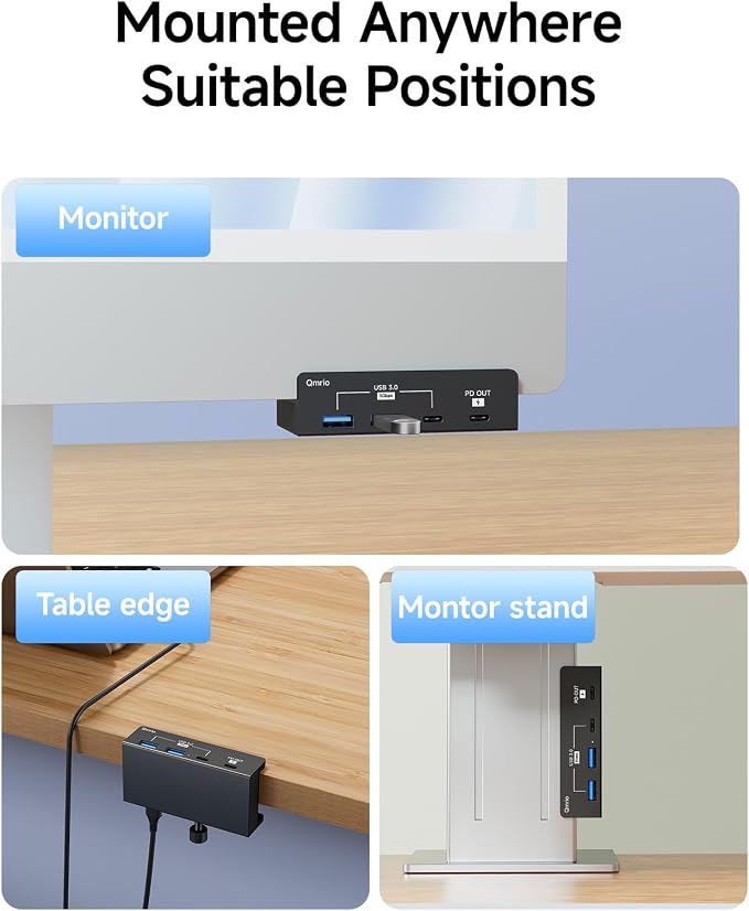 USB-Hub Clamp with Type-C PD 85W Port, 2 USB-A Data Ports, 1 USB-C Port (Black)