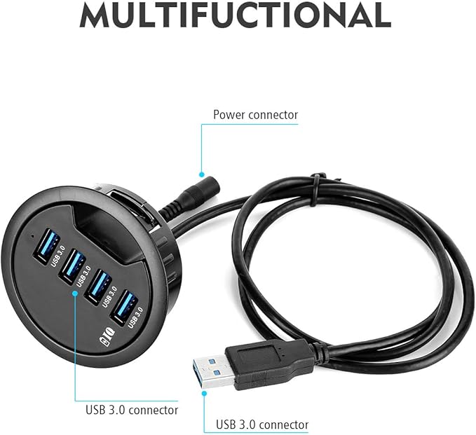 WDX Grommet Hole in Desk USB 3.0 4 Port Hub/BC 1.2 USB Charger, for iPad/Tablet and iPhone/Smart Phones