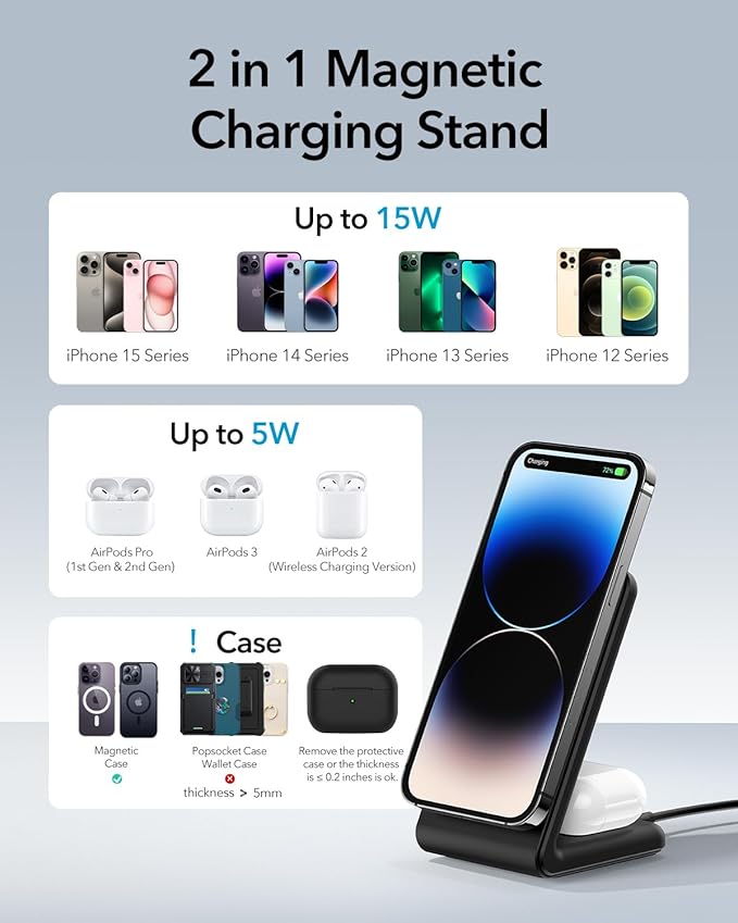 2-in-1 for Magsafe-Compatible Charger Stand with PD 20W USB-C Charger Block & Cable, Fast Charging Wireless Charger Designed for iPhone 17 Pro Max/16/15/14/13/12, AirPods 4/3/Pro 3/Pro 2/Pro, Black