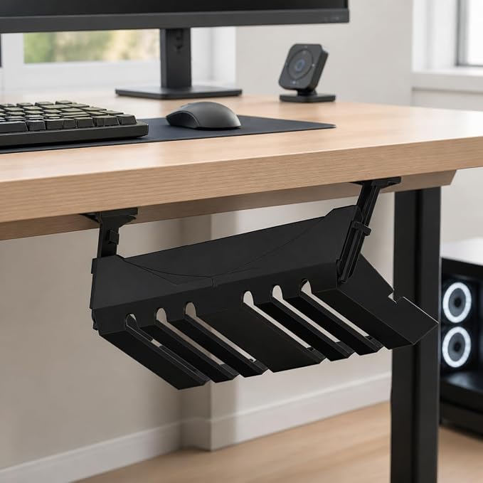 Wire Management Box, Under Desk Wire Management Cord Organizer, Home Office Wire Organizer, Hide Power Strip Screw-in, Black