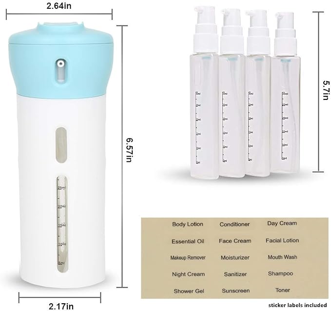 Travigo 4-in-1 Travel Dispenser Bottle, TSA Approved, Leak Proof, Four Reusable 1.4 oz. (40 mL) Toiletry Containers for Shampoo, Conditioner, Soap, Lotion, Skincare (Blue)
