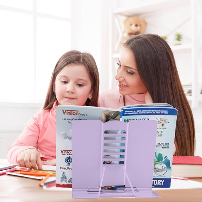 Honagu Book Stand Metal Desk Book Holder, Book Holders for Reading Hands Free, Adjustable Cookbook Documents Holder, Portable Bookstand for Music Books, Textbook, Recipe, Tablet, Ipad (Light Purple)