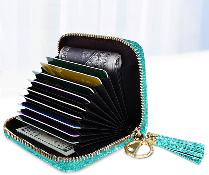 Coco Rossi Women's Small Credit Card Wallet RFID Cute Card Holder for Women with Tassel, Blue Green Glitter