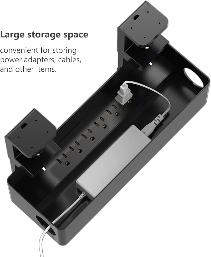 Hiree Under Desk Cable Management Tray with 6 AC Power Outlet and Clamp Mount, No Drill Cord Storage Organizers for Wire Management, Standing Desk, Computer Cord Rack for Office & Home (Black)