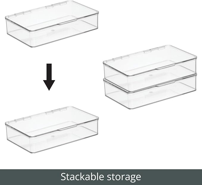 mDesign Plastic Household Stackable Storage Organizer Box Containers with Hinged Lid for Office, Bedroom, Entryway, Hallway, Garage, Playroom or Craft Room - Clear