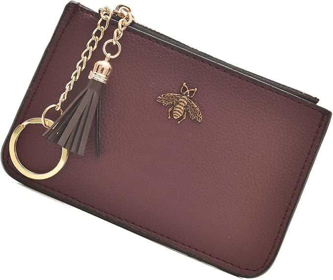 Coin Purse Change Wallet Pouch Leather Card Holder with Key Chain Tassel Zip(Burgundy)