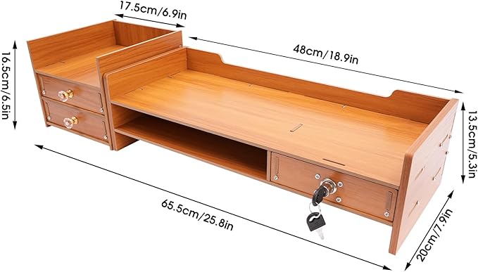 AngelcityCC Monitor Stand Riser, 3 Tiers Laptop Computer Monitor Riser, Desktop Wooden Screen Monitor Stand Riser with Drawers&Lock for Home Office School