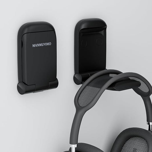 MAMUVIMO Headphone Stand, Headset Stand Foldable ＆ Sticky, Headphone Holder Hook Mount with Non-Slip Silicone, Adhesive Earphone Desk Hanger Clip Space-Saving for Airpods Max, All Earphones- Black