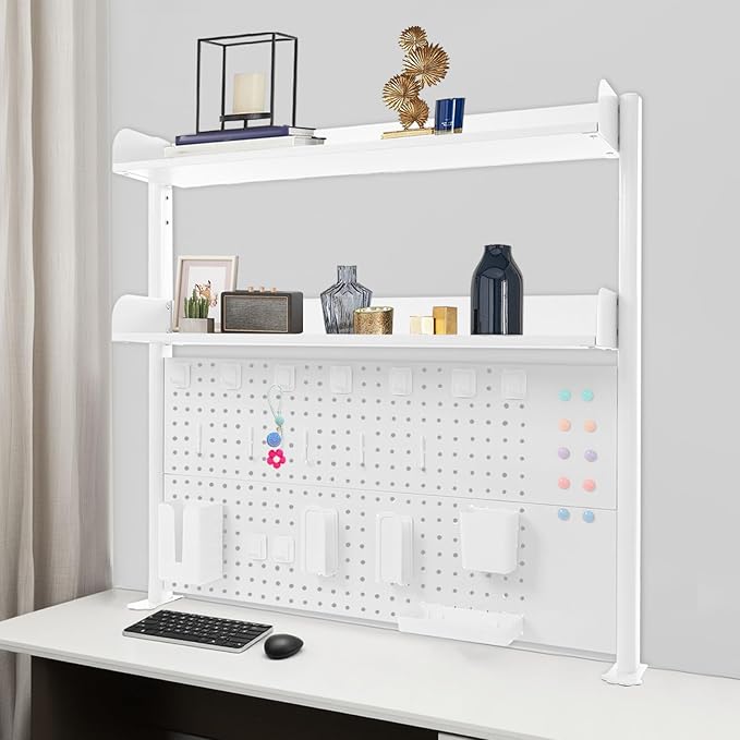 Clamp on Desk Shelf with Pegboard, Desk Extender Pegboard Workstation, Desktop Bookshelf Storage Shelves for Home Office Dorm, 37.4in (White)