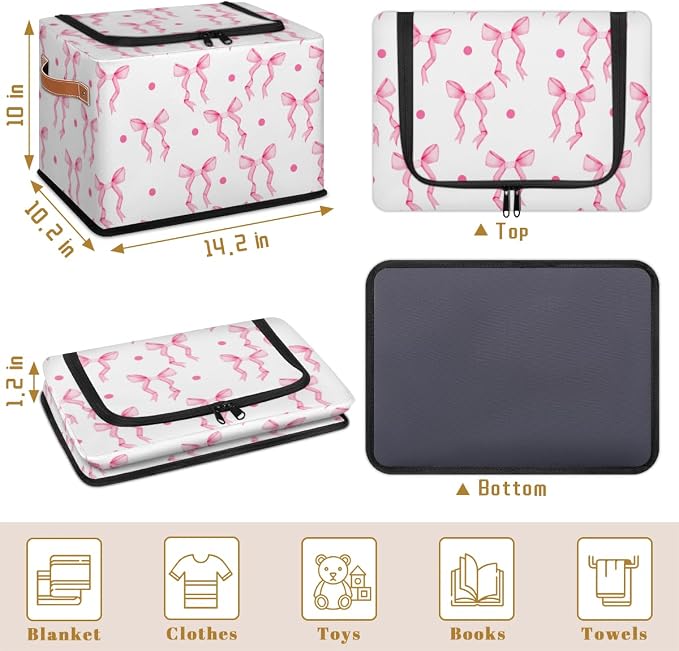 Storage Bins With Zipper Lid, Collapsible Trunk Organizer, Car Organizers and Storage Bins with Lids, Decorative Storage Boxes with Handle, Home Storage Baskets for Organizing (Pink Bow Ribbon)
