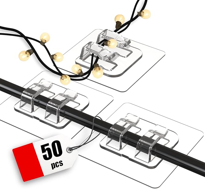 Hooks for Outdoor String Lights, 50 Pack Heavy Duty Cable Clips, Damage Free Cord Clips, Waterproof and UV-Resistant, Clear Self-Adhesive Hooks for Hanging Christmas Lights Outdoor and Patio Decor