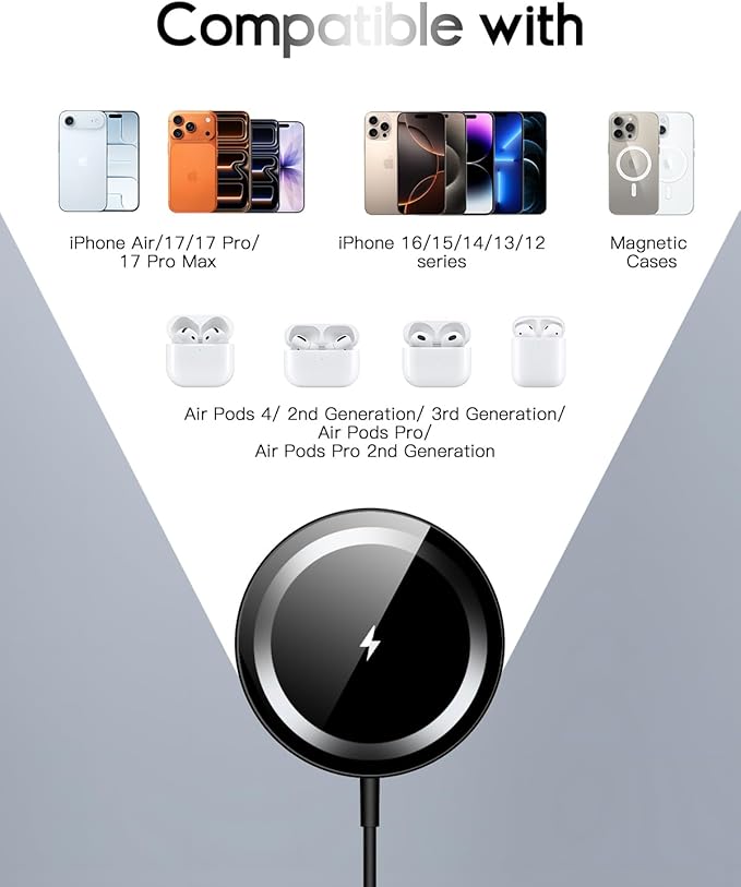for Mag-Safe Charger, Magnetic Wireless Charger Made for iPhone 17/17 Pro/17 Pro Max/Air/16/15/14/13/12 Series, Mag Safe Charging Pad for AirPods Pro 3 2 (Black)