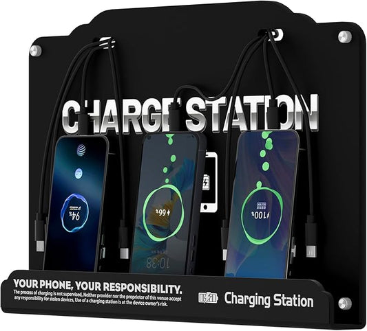 Wall Mounted 8 Port Charging Station with Fast Charigng Cables – Multi Device Charging Dock for Office, Hotel & Public Spaces | Compatible with iPhone ipad Smartphone Tablets Android Port (Black)