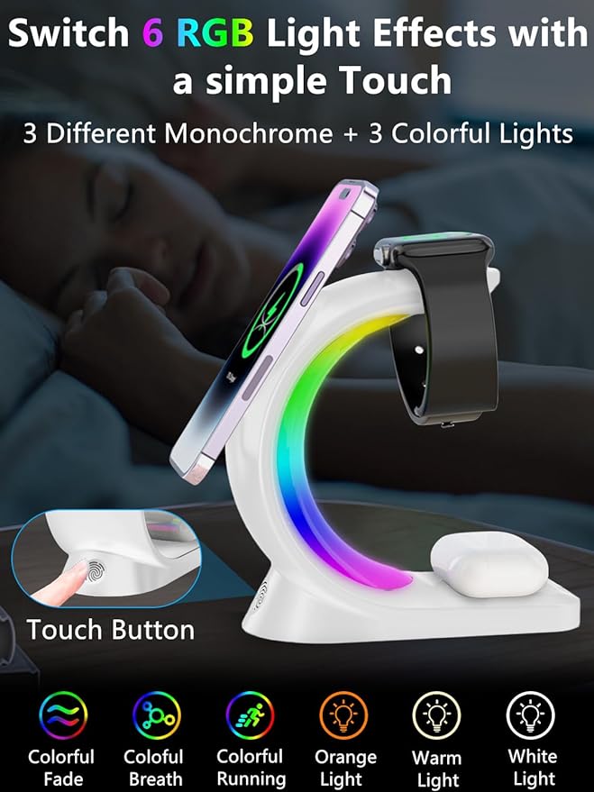 Mag-Safe 3 in 1 Wireless Charging Station, [6-Color RGB Light] 15W Fast Magnetic Wireless Charger Stand for Multiple Devices Apple, for iPhone 17/Air/16/15 Pro Max, for iWatch 2 to 9