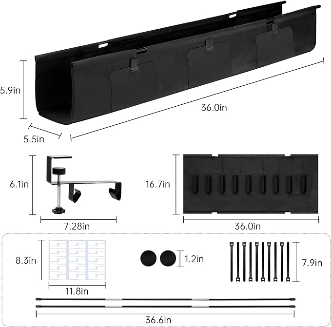Under Desk Cable Management Tray No Drill, 36" Clamp Mount Under Desk Cord Organizer for Standing Desk Cable Management, Fabric Cord Organizer Fabric for Office Home, Black