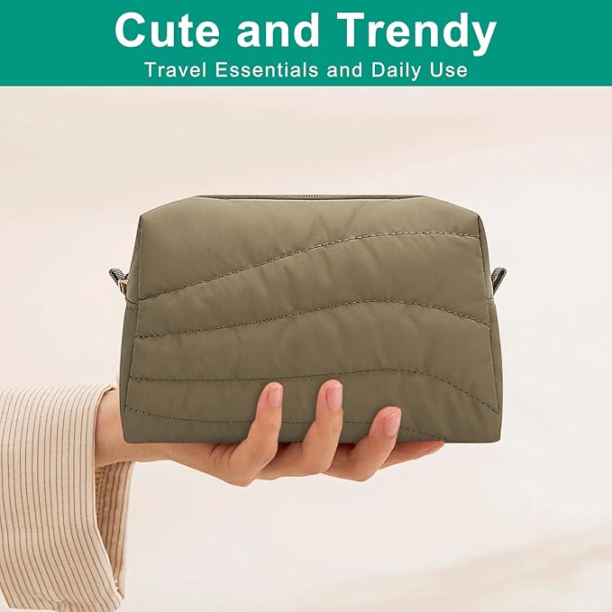 Travel Makeup Bag for Women, Small Cosmetic Bags Organizer Toiletry Bag, Nylon Pouch Travel Essentials Toiletries Accessories Brushes, Khaki