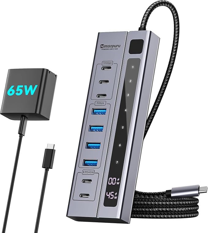 Minisopuru 9 in 1 Powered USB C Hub – Support Max 45W Charging with 65W USB-C Power Adapter, 10Gbps, USBC Hub Charging for Meta Quest Pro, Steam, iPad Pro, iPhone, Watch (Not for Monitor)