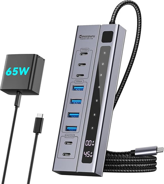 Minisopuru 9 in 1 Powered USB C Hub – Support Max 45W Charging with 65W USB-C Power Adapter, 10Gbps, USBC Hub Charging for Meta Quest Pro, Steam, iPad Pro, iPhone, Watch (Not for Monitor)