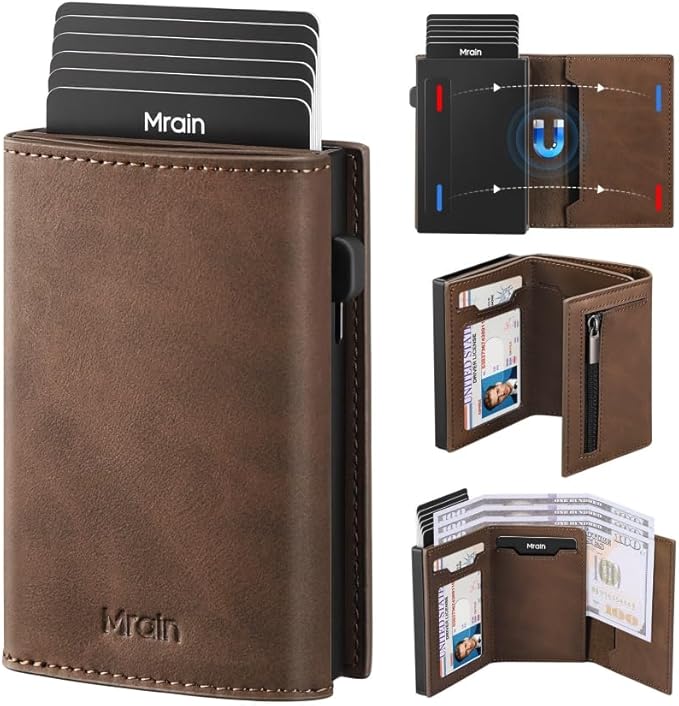 Mens Slim Minimalist Wallet Card Holder with Coin Pocket, Cash Slot, Magnetic Closure, Pop Up Aluminum Case, ID Window, Leather Wallet, RFID Blocking, 9-13 Card Capacity, Crazy Horse Brown