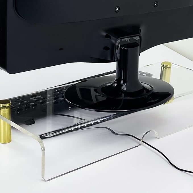 pbf PHOTO BOOTH FRAMES Clear Acrylic Monitor Stand Riser, 20 x 8 x 2.87 inches, Gold Posts