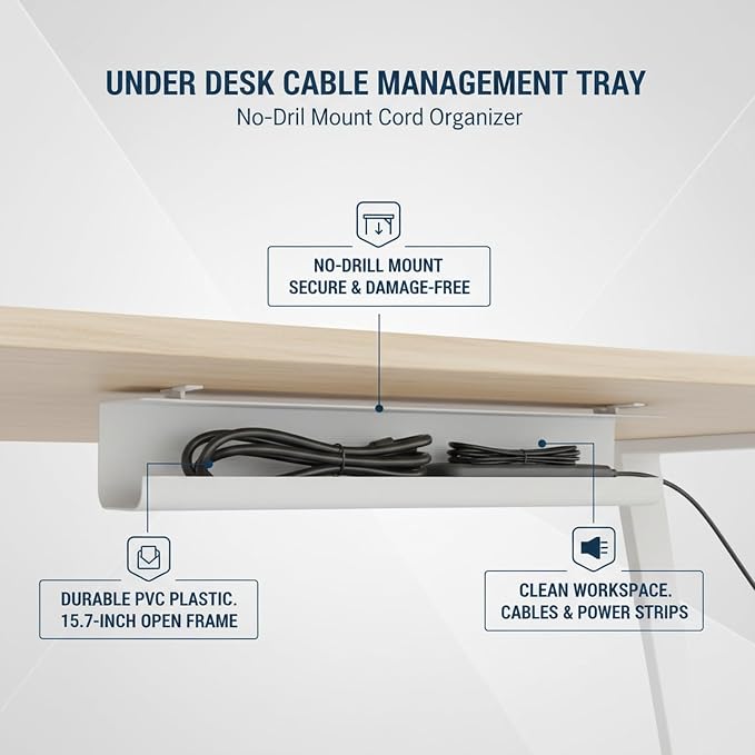 Under Desk Cable Management Tray, No-Drill Cord Organizer for Power Strips & Wires, 15.7 x 3.9 x 3.5 Inch, PVC (1 Pack)