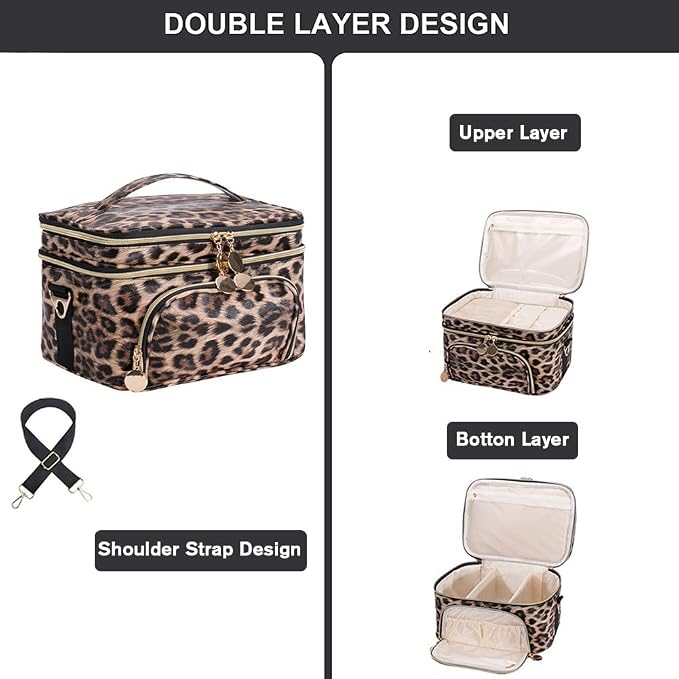 FITINI Double Layer Travel Makeup Bag,Women Cosmetic Organizer Case,Skin Care Essentials Toiletries Bags with Shoulder Strap Waterproof Brush Storage with Removable Dividers,Extra Large Brown Leopard