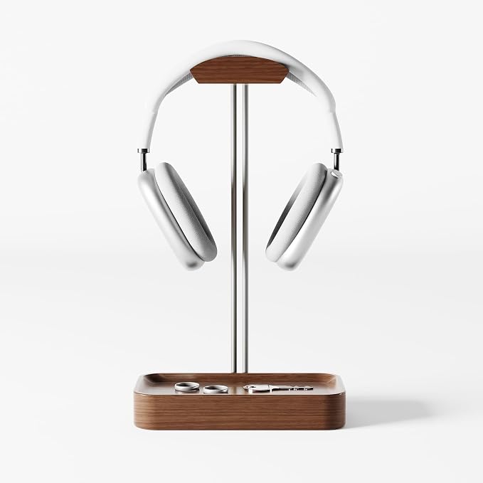Raico Headphone Stand with Catchall Tray Base Premium Showpiece Headset Holder with Storage Solid Wood (Walnut)