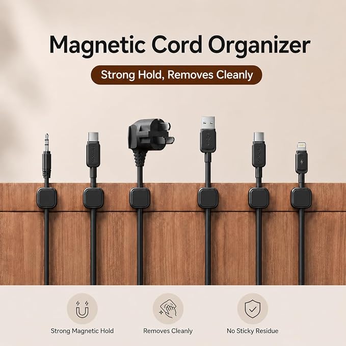 10 Pack Cable Organizer Clips, Adhesive Cord Holder for Desk, Office, Car & Nightstand, Spring Lock Cable Management with Strong Acrylic Adhesive, Black