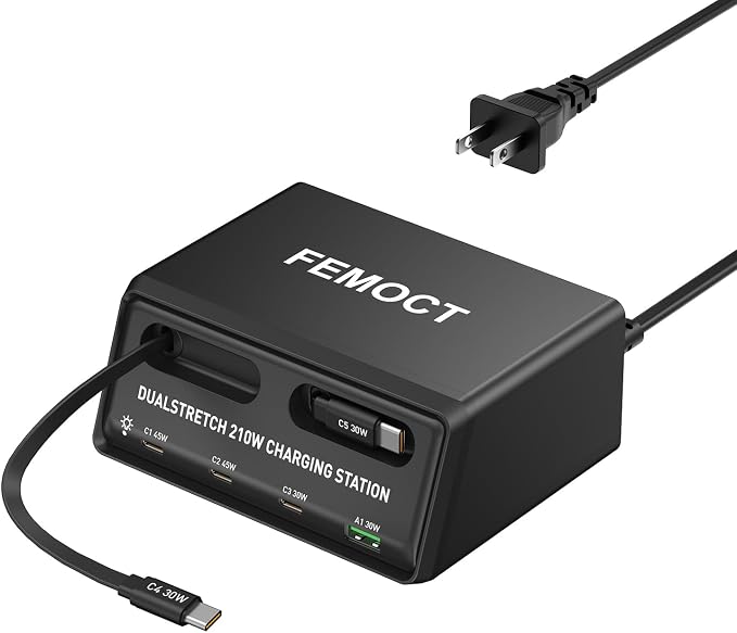 Retractable Charger, 6-in-1 210W GaN USB C Charging Station for Multiple Devices, Dual 2.3ft Built-in Retractable Cables, PD 45W Fast Usbc Desktop Charger for iPhone 17/16/15, Galaxy S26, and More