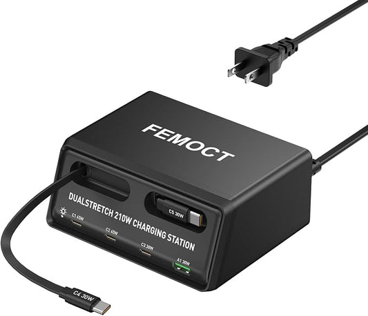 Retractable Charger, 6-in-1 210W GaN USB C Charging Station for Multiple Devices, Dual 2.3ft Built-in Retractable Cables, PD 45W Fast Usbc Desktop Charger for iPhone 17/16/15, Galaxy S26, and More
