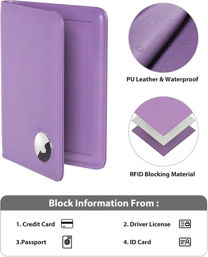 Stouchi AirTag Passport Holder, Anti-Lost Passport Holder with Airtag Slot, Passport Wallet Cover with RFID Blocking, Leather Passport Case Travel Accessories for Women, Purple
