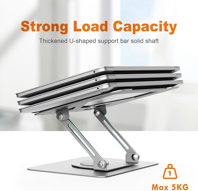 GRIFEMA Laptop Stand for Desk, Foldable Laptop Riser with 360° Swivel Base, Adjustable Height & Angle, Ventilated Computer Stand Compatible with MacBook Air/Pro, Dell, and 11-17" Laptops - Silver