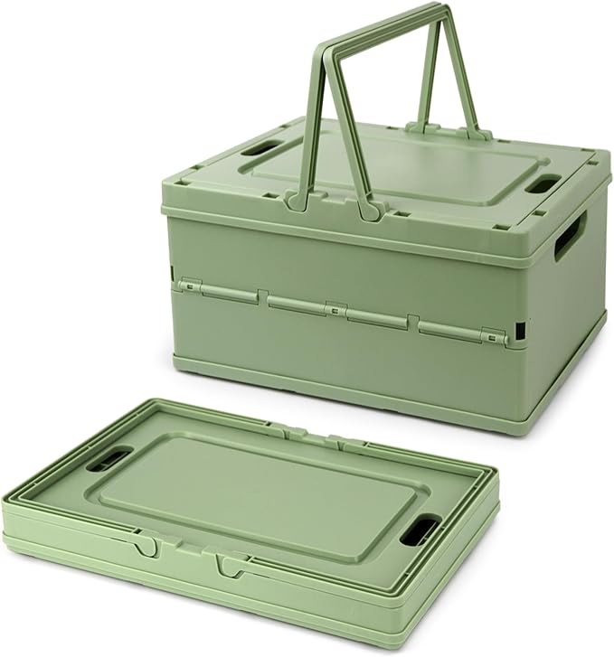 Collapsible Storage Crate, Foldable Plastic Basket with Lid and Handle, Foldable Storage Box Crate Bin for Home Kitchen Office Bathroom Bedroom Pantry (Green, 2-Pack)