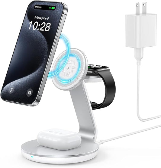 HERRBOLAI 3 in 1 Charging Station Compatible with Magsafe Charger Wireless Charger Stand for iPhone 17 16 15 14 13 12 Wireless Charging Station for AirPods Wireless Charging Stand for iWatch Series