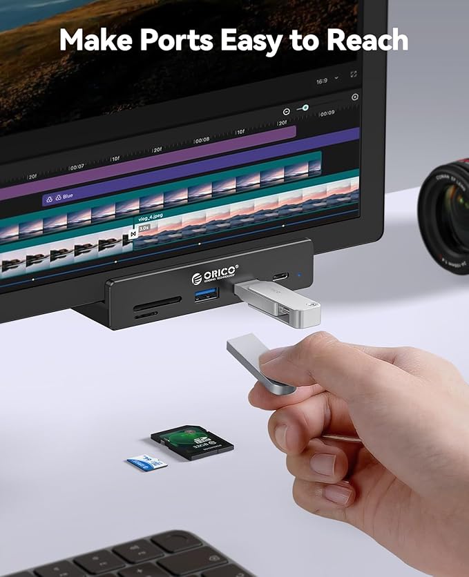 ORICO USB Hub 3.2, USB-Hub Clamp with Type-C PD 60W Port, 10Gbps Aluminum 6-Port USB Extender with 2 USB-A 3.2 Ports, USB-C 3.2, SD/TF Card Reader 3.0, AUX, USB-3.2 Splitter for Monitor, Desk