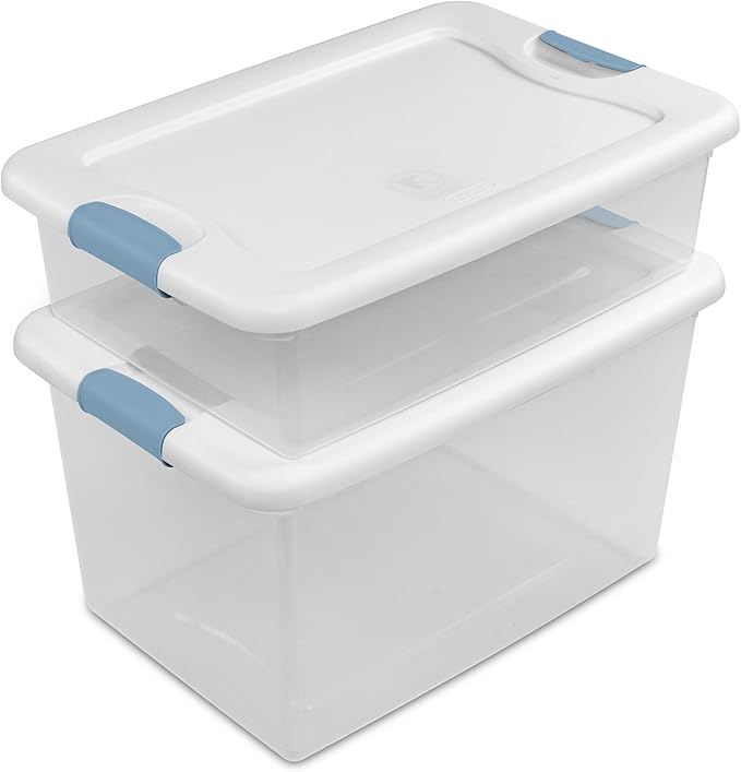 Sterilite 12-Pack Latching Box, Clear Plastic Organizer Bins with White Lids, 64 Quart – Large Stackable Containers for Closet, Bedroom, Garage, Kitchen, and Pantry Organization