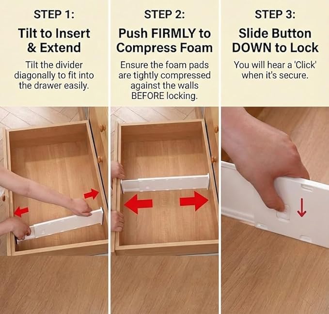 6-Pack Adjustable Drawer Dividers (10.8"-17.9"), 3.1" High Expandable Organizers for Baby Nursery, Bathroom Vanity, Desk & Junk Drawers - Non-Slip Locked Separation