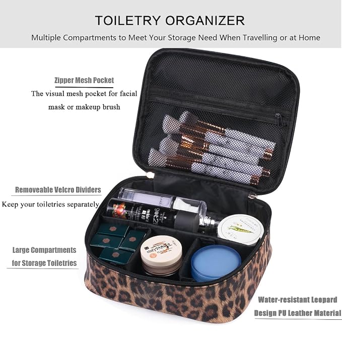 Makeup Bag Travel Large Toiletry Bag Leopard Portable Cheetah Printed Cosmetic Organizer Pouch with Small Brush Storage Case Gold Zipper Waterproof Adjustable Dividers for Women,8.7x7.1x3.4inch