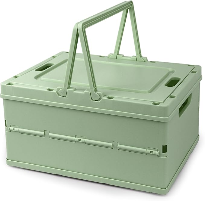 Collapsible Storage Crate, Foldable Plastic Basket with Lid and Handle, Foldable Storage Box Crate Bin for Home Kitchen Office Bathroom Bedroom Pantry (Green)
