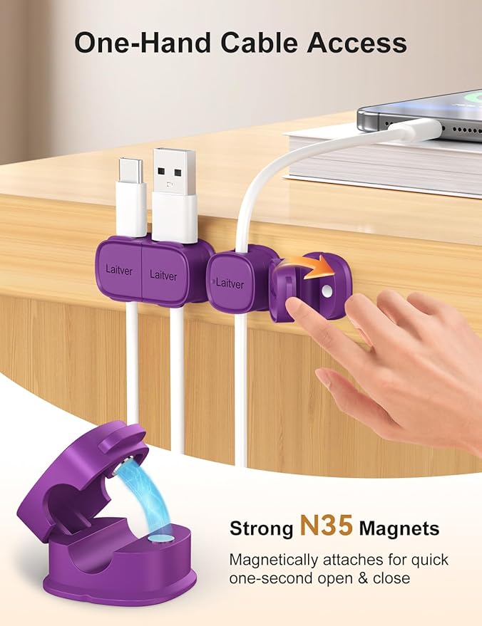 6 Pack Magnetic Cable Clips [1s Open/Lock], Laitver Cord Organizer Holder Strong Adhesive Desk Cable Management- Organize Charging Cords Neatly for Home, Office, Car,Desk, Nightstand-Deep Purple