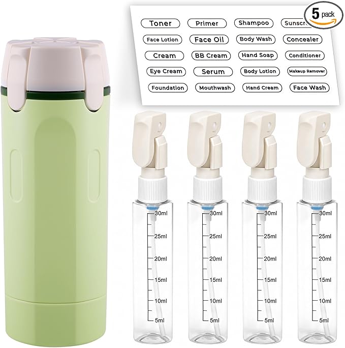 Winb 4 in 1 Travel Dispenser, 30ml Leak Proof Bottles for Toiletries, Portable Containers for Shampoo, Lotion, White (Green)