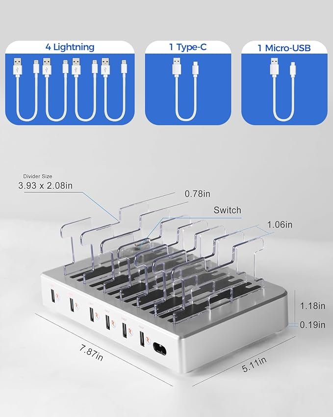 300W Charging Station for Multiple Devices, Fast Charging 6 Port Charging Station - Compatible with iPhone iPad Android Tablets, Home Office Travel Organizer